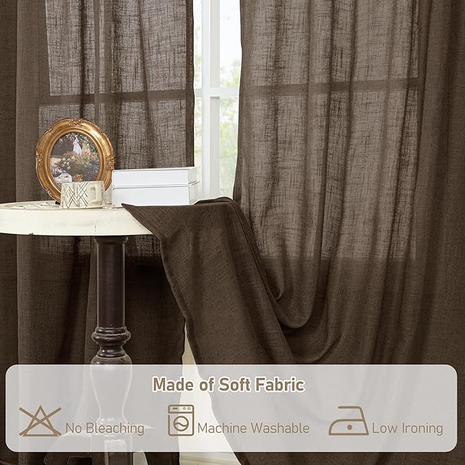 LAMIT Brown Linen Curtains for Living Room 84 inch Length 2 Panels, Light Filtering Semi Sheer Drapes Back Tab and Rod Pocket Farmhouse Panels for Bedroom/Sliding Glass Door, Dark Brown, 52 x 84 Inch