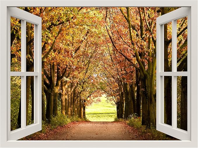 wall26 Removable Wall Sticker/Wall Mural Window View Country Autumn Orange Tree Forest Path Wilderness Nature Photography Realism Rustic Landscape Colorful for Living Room, Bedroom, Office - 36"x48"