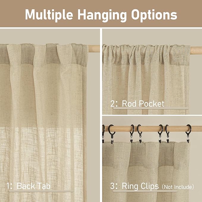 LAMIT Linen Curtains 63 Inch for Bedroom, Light Filtering Neutral Semi Sheer Window Curtains Back Tab and Rod Pocket Living Room Panels, 2 Panels, Linen, 60 x 63 Inch