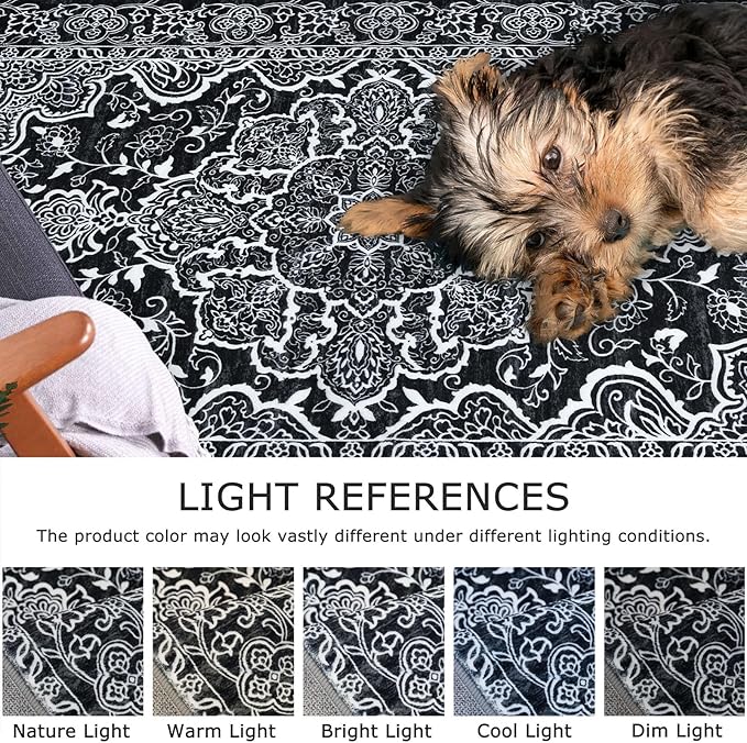 KUTA Area Rugs 9x12 Living Room, Vintage Medallion Washable Large Rug for Bedroom 9ft x 12ft Non-Slip, Black Ultra Soft Printed Modern Floral Distressed Low-Pile Dining Room Carpet