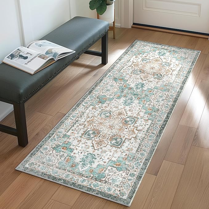 GENIMO 2‘6“x10 Runner Rugs for Hallway, Machine Washable Non Slip Vintage Rugs, Low Pile Lightweight Soft Print Rug for enrtyway, Corridor, Home Office, Kitchen, Cyan