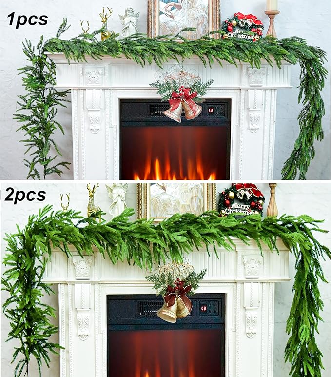 9 Ft Christmas Garland Real Touch Norfolk Pine Garland Christmas Decorations Faux Realistic Winter Pine Garlands for Mantle, Table, Stairs, Doorframe, Fireplace Indoor Outdoor Holiday Xmas Decor