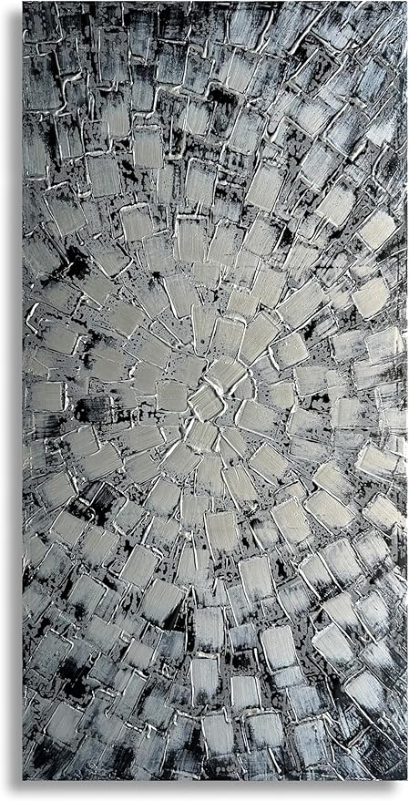 MyArton Textured Abstract Squares Canvas Wall Art Hand Painted Modern Black Silver Oil Painting for Home Decoration Ready to Hang Horizontal or Vertical 48x24inch