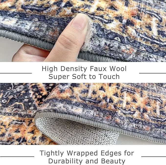KOZYFLY Runners for Hallways 2.6x12 Ft Extra Long Washable Kitchen Boho Runner Rug for Entryway Indoor Gold Navy Printed Faux Wool Stair Runner Floor Carpet Runner for Stair Kitchen Hall