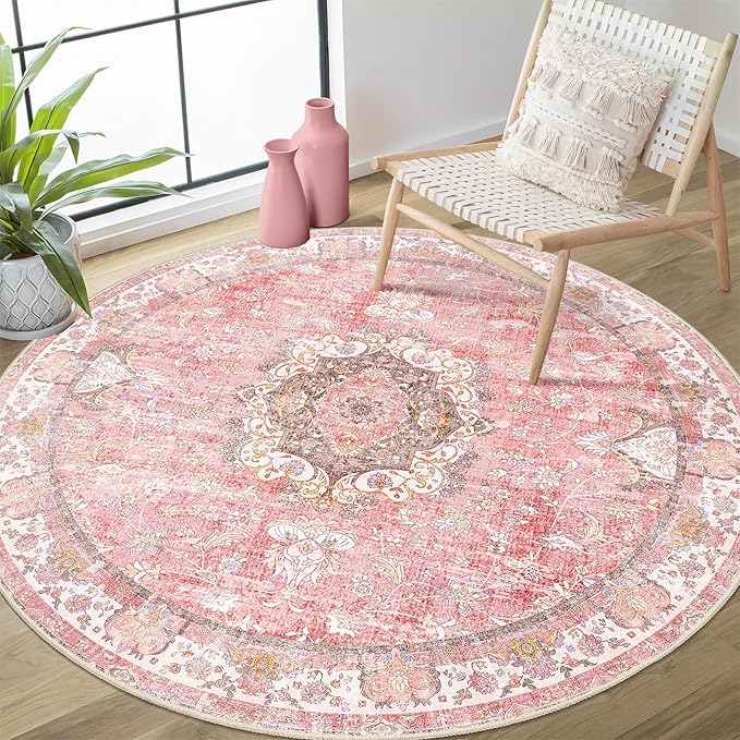 Pink Round Rug 4ft, Circle Washable Area Rugs for Bedroom Bathroom Entryway Kitchen, Small Boho Vintage Bohemian Distressed Oriental Floral Carpet Non Slip,Blush Floral Flowers