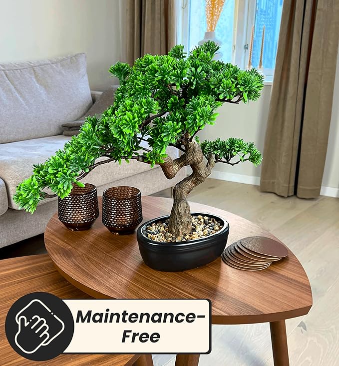Artificial Bonsai Tree 16" Tall with Realistic Wood and Ceramic Pot, Fake Plants for Home, Bedroom and Office Desk, Japanese Decor