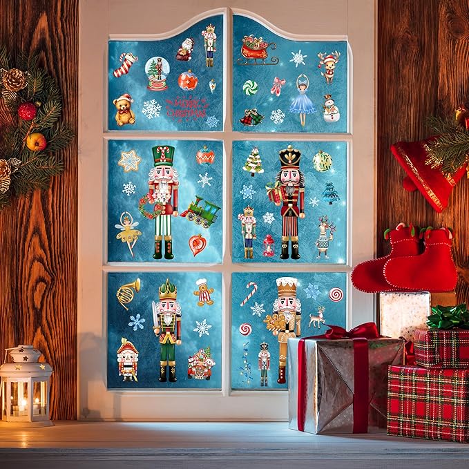 BORAMDO Christmas Nutcracker Window Clings - 12 Sheets of Removable Decals, Stickers for Glass Windows, Xmas Holiday Home Office Decor, 12 Styles