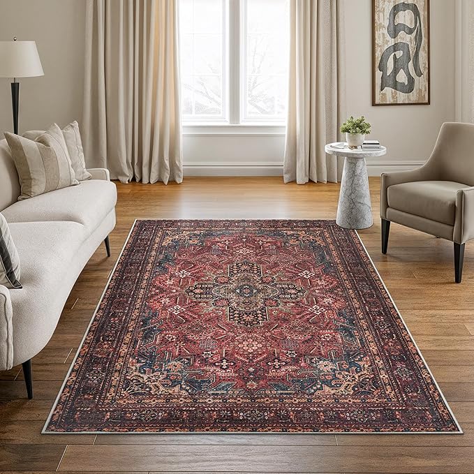 Bloom Rugs Washable Non-Slip 4' x 6' Rug - Red/Teal Blue/Yellow Traditional Medallion Area Rug for Living Room, Bedroom, Dining Room, and Kitchen - Exact Size: 4' x 6'