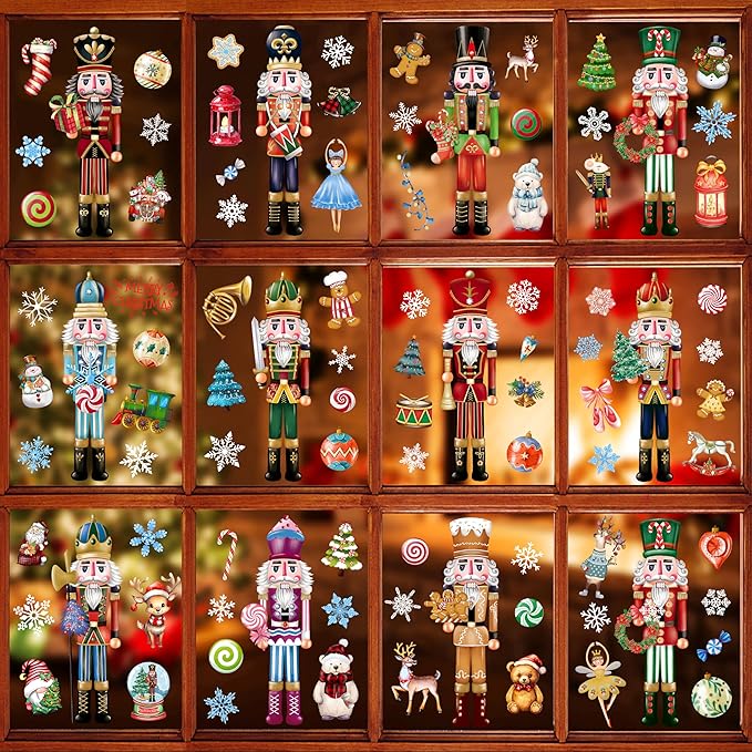 BORAMDO Christmas Nutcracker Window Clings - 12 Sheets of Removable Decals, Stickers for Glass Windows, Xmas Holiday Home Office Decor, 12 Styles