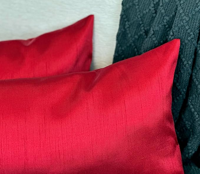 Aiking Home 12x24 Inches Faux Silk Rectangular Throw Pillow Cover, Zipper Closure, Red (Set of 2)