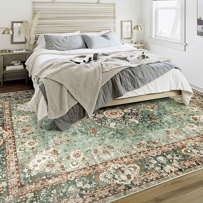 6x9 Area Rugs Washable,Green Rug for Living Room Bedroom Kitchen,Large Boho Vintage Bohemian Distressed Oriental Carpet Non Slip