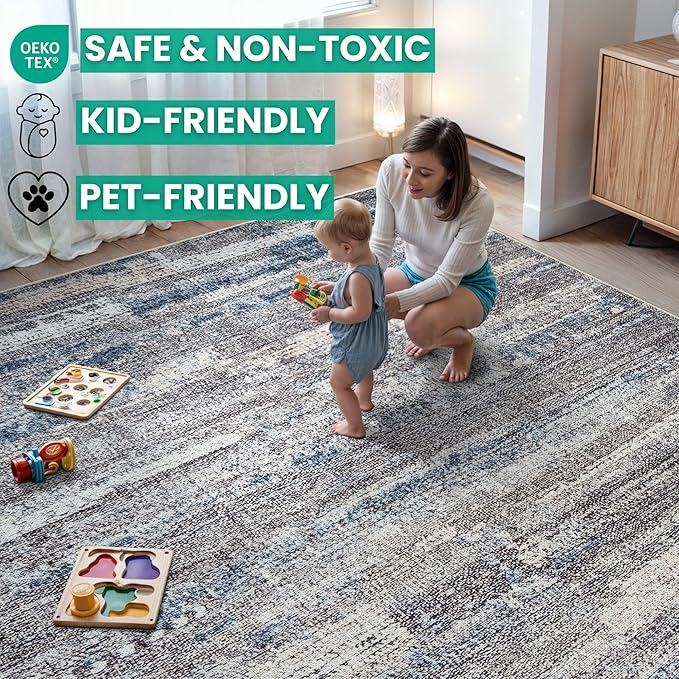 Bloom Rugs Washable Non-Slip 9' x 12' Rug - Gray/Blue/Blush Modern Abstract Area Rug for Living Room, Bedroom, Dining Room, and Kitchen - Exact Size: 9' x 12'