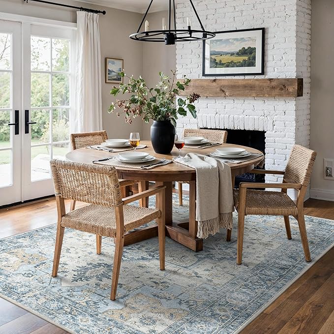 6x9 Area Rugs for Living Room, Machine Washable Rug, Non Slip Vintage Rugs, Low Pile Lightweight Print Rug for Bedroom, Dining Room, Home Office, Blue