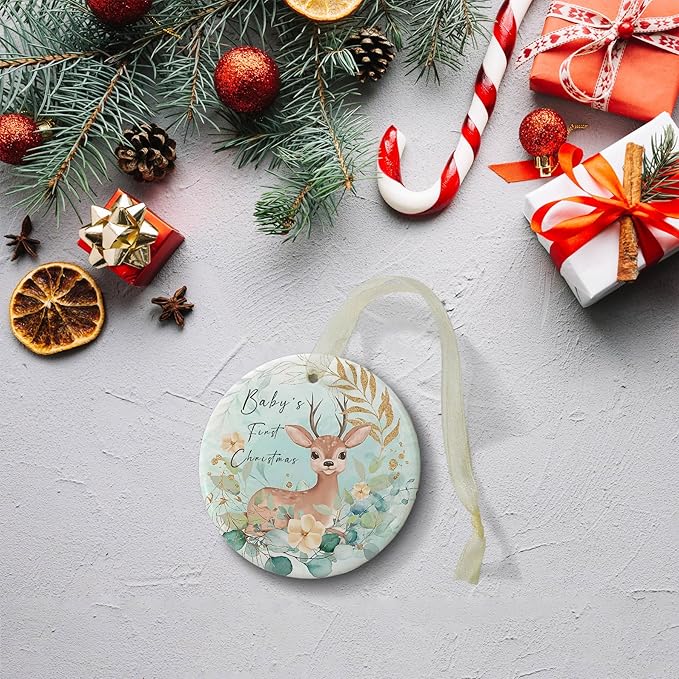 Babys First Christmas Ornaments 2025 Babies First Christmas Ornament Baby's 1st Ornament Boys Girls Round Ceramic Decoration with Gift Box&Ribbon (2.9"