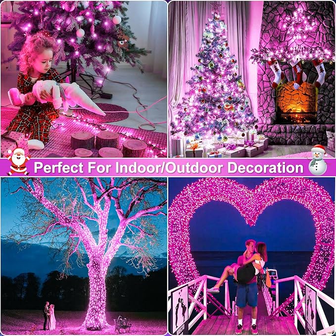 Pink Christmas Lights Outdoor, 100FT 300 LED Christmas Tree Lights with 8 Modes Waterproof, Plug in Connectable Christmas String Lights Green Wire for Indoor Patio Garden Xmas Love Party Decorations