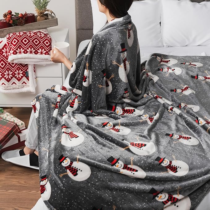 PAVILIA Christmas Snowman Throw Blanket | Grey Christmas Fleece Blanket | Soft, Plush, Warm Winter Cabin Throw, 60x80 (Grey Snowman)