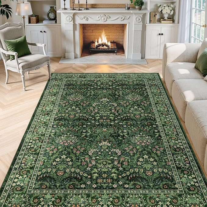 Woaboy Washable 5x8 Area Rug for Living Room Bedroom Dining Room Office, Non-Slip Low Pile Stain Resistant Soft Carpet for Vintage Christmas Floral Oriental Home Decor Grass Green