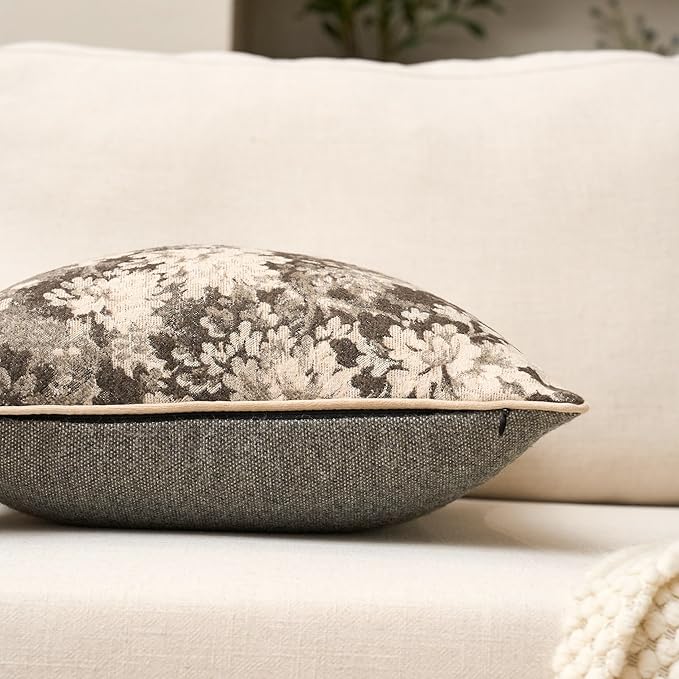 Yangest Neutral Floral Pillow Cover 12 x 20 Inches, Vintage Chenille Rectangle Throw Pillow Cover Soft Decorative Farmhouse Accent Couch Pillow Cover for Living Room Bedroom, Grey