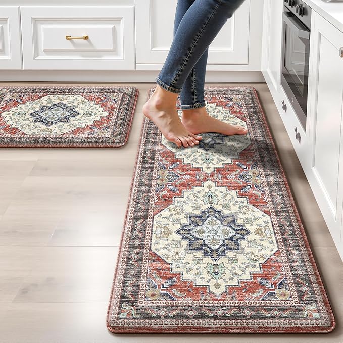 Boho Kitchen Mats for Floor 2 Piece Set Anti Fatigue Cushioned PVC Kitchen Rugs Non Slip Waterproof Farmhouse Mats 2/5 Inch Comfort Standing Mat for Sink, Laundry, 17.3"x59"+17.3"x28", Taupe Red