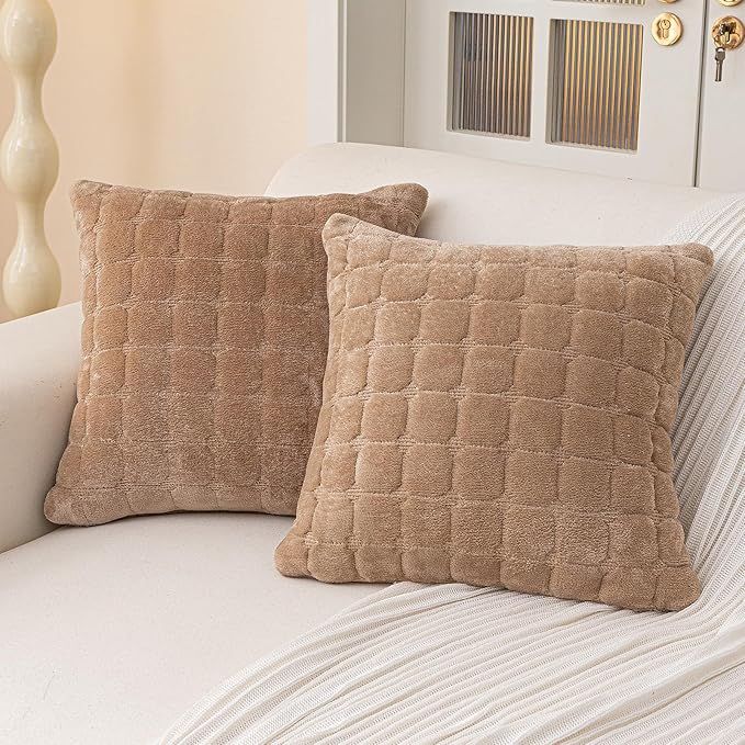 Velvet Throw Pillow Covers(Pack of Two, Brown) 20×20 Inch Decorative Pillows Cover Neutral Soft Chenille Couch Pillows with Zipper Aesthetic for Living Room and Bedroom