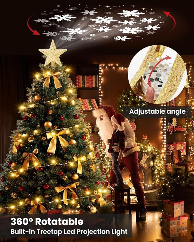 Christmas Tree Topper Star Lighted with 32.8ft Breathing Flickering String Lights & 6 LED Projection Modes, Gold Christmas Star Topper for Indoor Xmas Holiday Tree Decoration