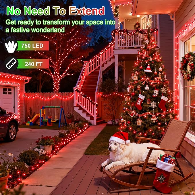 240FT 750LED Christmas Lights,12 Modes Red Outdoor String Lights with Timer & Dimmable, Waterproof Green Wire Christmas String Lights for Indoor Tree Xmas Patio Fence Balcony Garden Party Decor Red