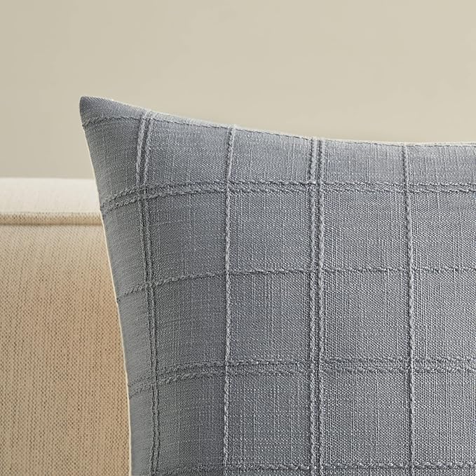 ZeeMart Linen Checked Lumbar Throw Pillow Covers Set of 2, 12x20 Inch Blue Ashes/Cream, Farmhouse Decorative Single Sided Grid Embroidered Couch Pillow Cases Blue Grey Cotton Linen Cushion Covers