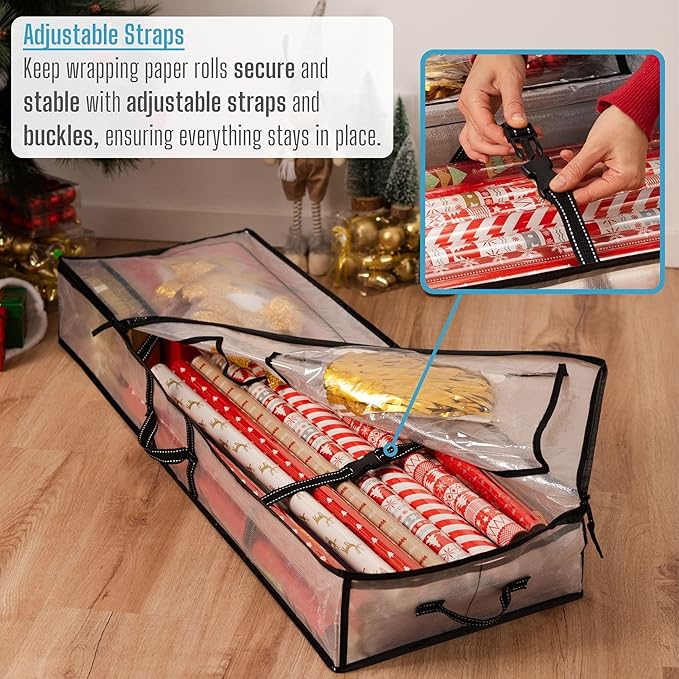 VENO Clear Wrapping Paper Organizer Storage Box for Christmas Gift Bags and Holiday Accessories, Underbed Storage Container with Interior Pockets, 40 Inches Long Fits 24 Rolls