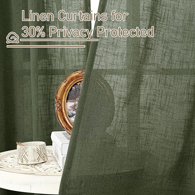 LAMIT Light Filtering Linen Curtains 68 inch for Bedroom, Linen Textured Semi Sheer Back Tab and Rod Pocket Boho Modern Christmas Decor Drapes for Living Room, Olive Green, 2 Panels, 52 x 68 Inch