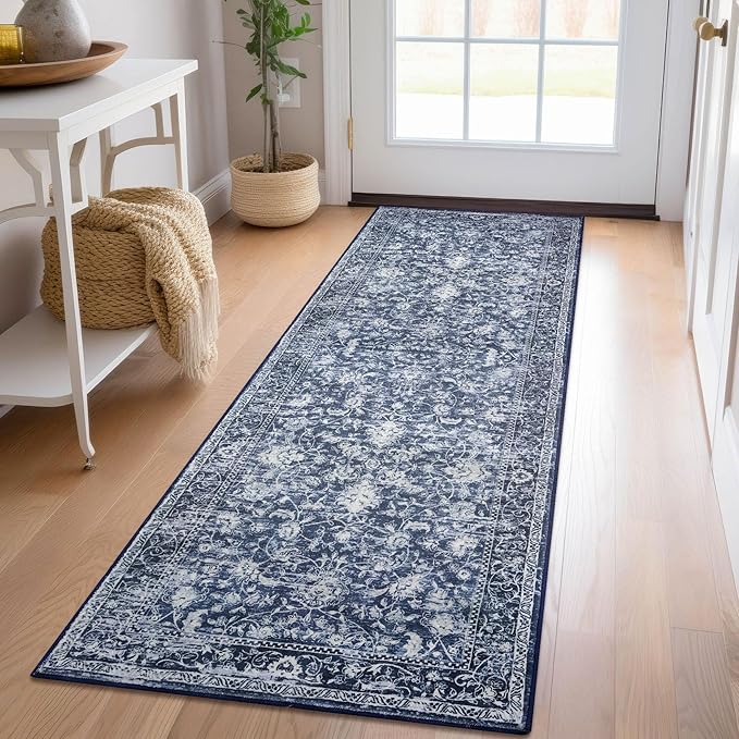 KILOCOCO Hallway Runner 2x6 Rug Runner Printed Vintage Floral Washable Kitchen Runners Non-Slip Rubber Backed Runners for Hallways Laundry Room Distressed Boho Rugs for Entryway Bedroom, Blue