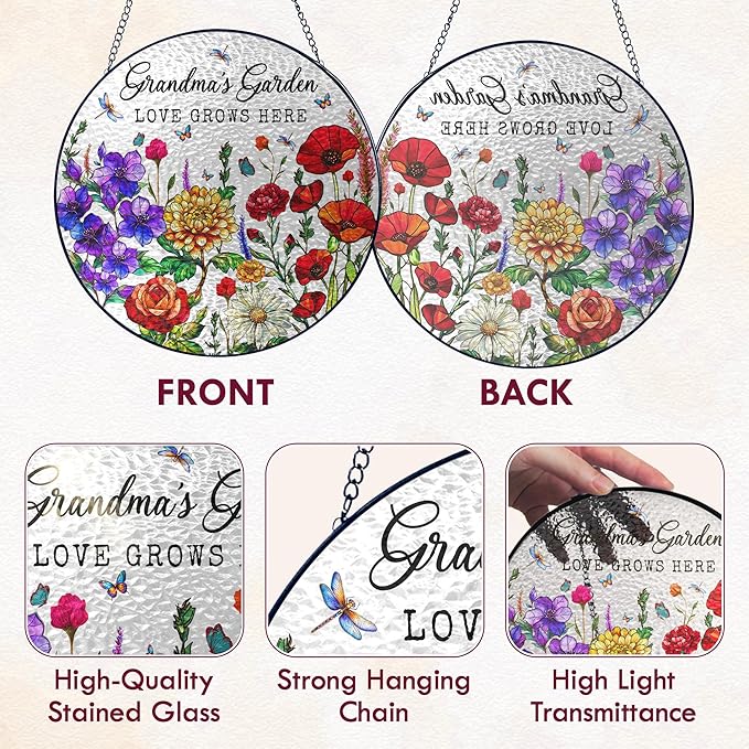 FLAGWIX Grandma Christmas Birthday Gifts - Grandmas Garden Stained Glass Window Hanging with Base 10 in - Birthday Gift for Grandma, Grandparents Day Gifts for Nana Gigi, Sun Catchers Indoor Window