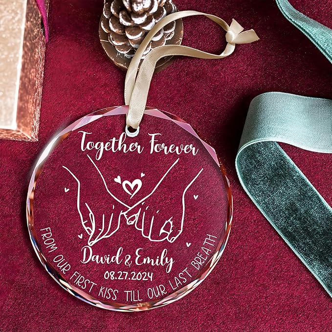 2025 Together Forever Ornament – Personalized Pinky Promise Wedding Gift for Couple – Unique Keepsake for Him Her – Custom Names & Date – Engraved Glass Ornament
