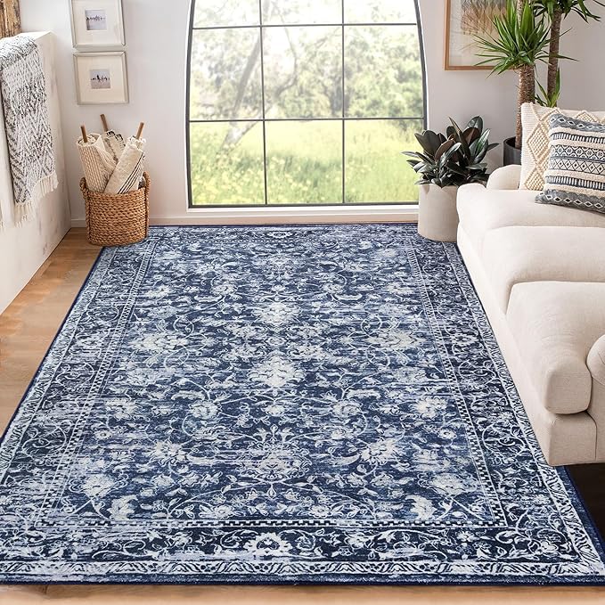 KILOCOCO Area Rug 4x6 Entryway Rug Washable Printed Vintage Floral Rubber Backed Non Slip Indoor Kitchen Rugs for Laundry Room Playroom Bedroom Living Room Moroccan Area Rugs, Navy Blue