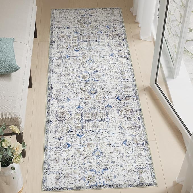 jinchan Kalen Runner Rug 3x7 Washable Area Rug Soft Indoor Floor Cover Thin Retro Distressed Blue Multi Carpet Floral Print Country Boho Non Slip for Bathroom Kitchen Bedroom Living Room