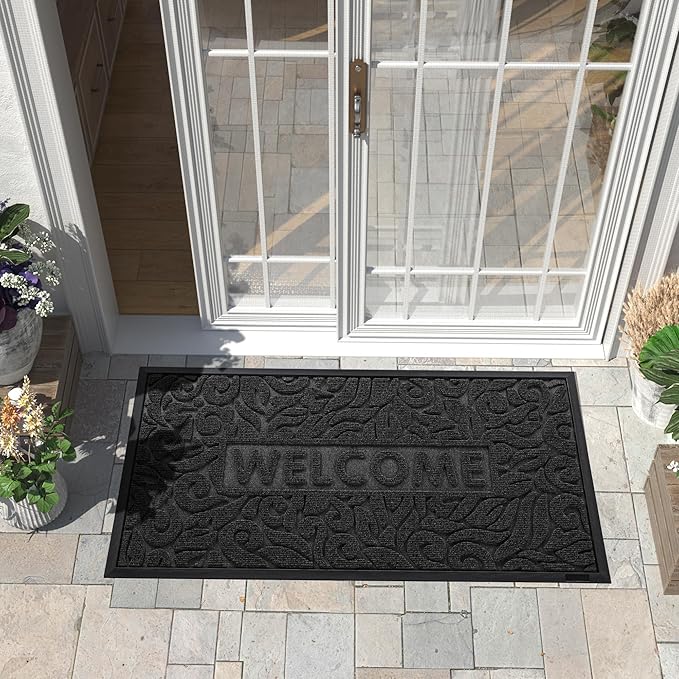 Yimobra Large Welcome Mat 47x24, Waterproof Non-Slip Outdoor Mats for Front Door Outside Entrance, Low-Profile Entryway Mat Indoor for Garage Patio, Black