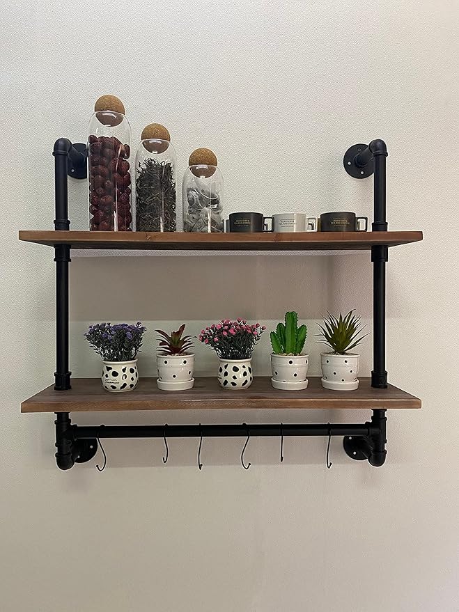 ROGMARS Industrial Pipe Shelving Bathroom Shelves with Towel bar, 30 in Rustic Floating Shelves Pipe Wall Shelf with Hooks for Living Room,Kitchen