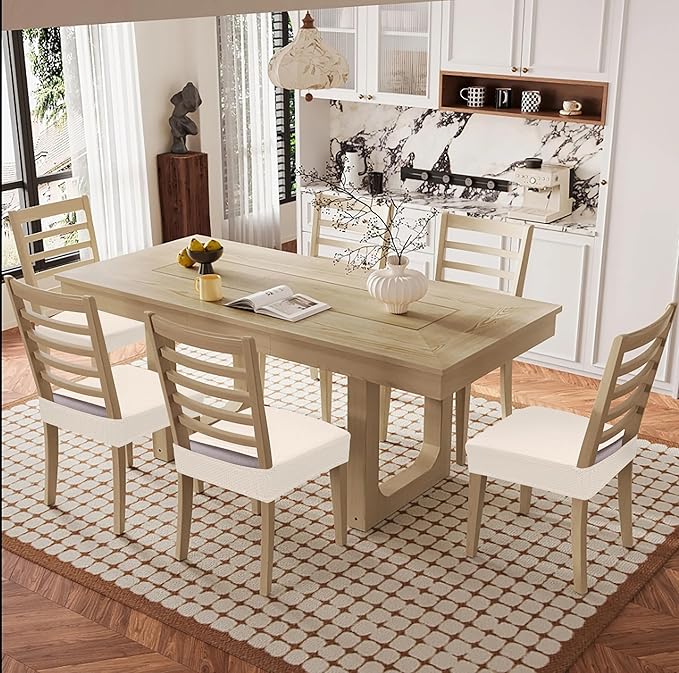 Smiry Waterproof Seat Covers for Dining Room Chairs Set of 2, Stretch Jacquard Removable Washable Chair Seat Slipcovers Protector, No Rear Covers, Beige