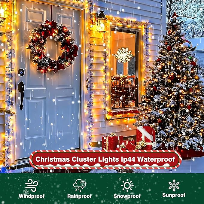 Christmas Firecrackers String Lights Plug-in 88FT 1200 LED Cluster Lights, 8 Modes Timer Waterproof for Xmas Tree Garland Decor Warm White