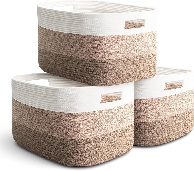 Rope Baskets for Storage, 3 Pack Foldable Baskets for Shelves, Fabric Storage Bins with Handles,Cotton Blend Bins for Home,Office,Organizing