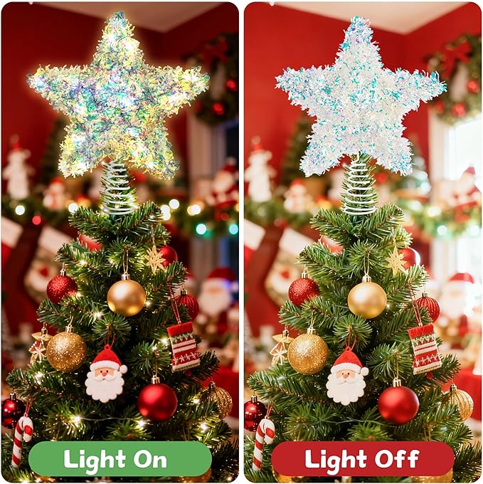 Christmas Tree Topper Star Iridescent Tinsel Star Tree Topper 10 Inch Lighted Tree Topper Battery Operated Christmas Tree Decoration for Holiday Indoor Decoration Warm White Light