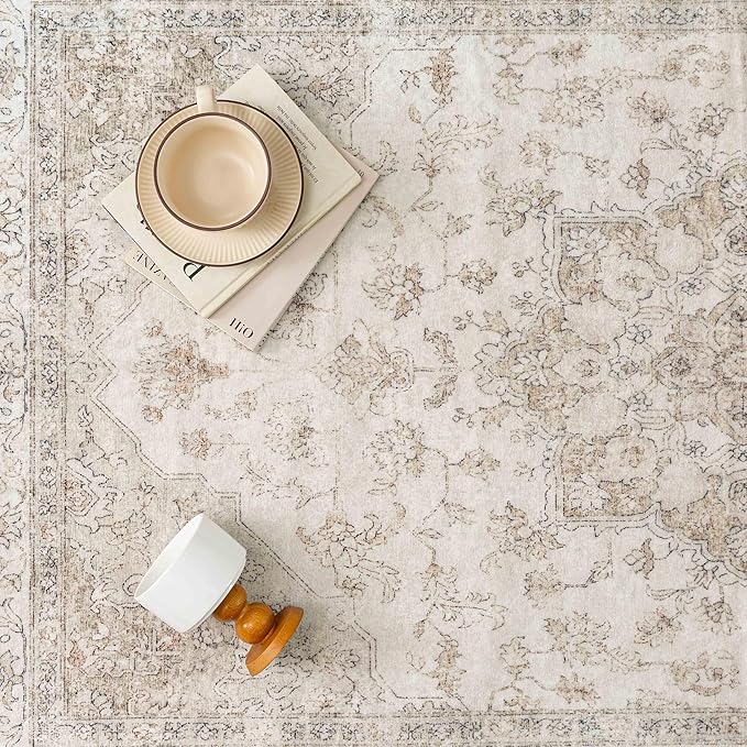 Beige Area Rug 7x10 Washable Living Room Carpet Vintage Non Slip Soft Bedroom Indoor Office Retro Low Pile Thin Oriental Medallion Large Rug for Dining Room Bathroom Playroom