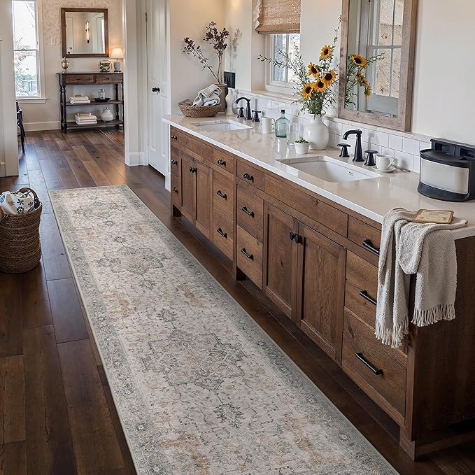 Runner Rug 2'6''x12, Non Slip Vintage Hallway Runner Rugs, Low Pile Lightweight Machine Washable Mat for Hallway, Entryway, Bedroom, Kitchen and Corridor, Light Taupe Brown