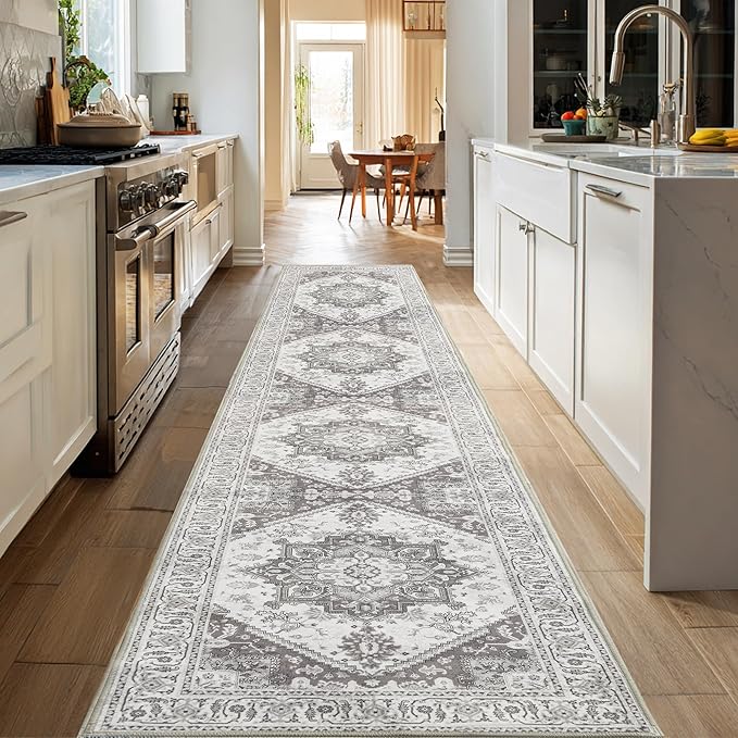 XWZO Runner Rug 2x10ft for Long Hallways, Washable Non-Slip Low Pile Area Rug with Rubber Backing, Spill Resistant Soft Vintage Floor Carpet for Kitchen Entryway Stair Landing Living Room, Grey