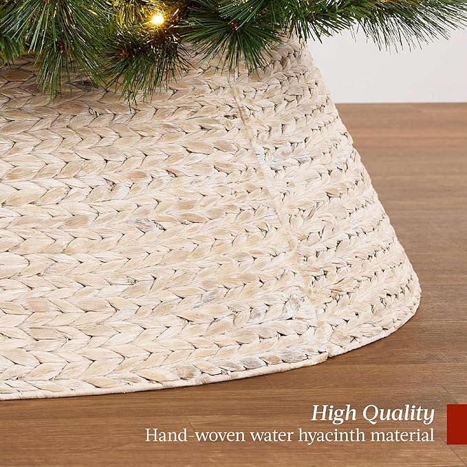 Best Choice Products 24in Christmas Tree Collar, Woven Hyacinth 3-Piece Holiday Rattan Tree Skirt Accessory for Home w/Cord Cut-Out - Transparent White