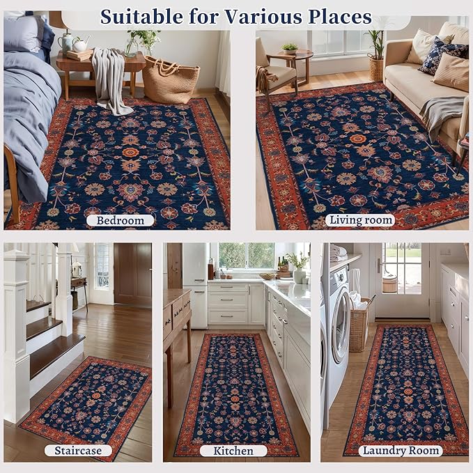 Tangsoo Floral Area Rug 3x5 Machine Washable Red Blue Rug Non-Slip Vintage Distressed Boho Print, Low Pile Carpet for Living Room, Bedroom, Dining Room, Pet & Child Friendly (Red Blue)