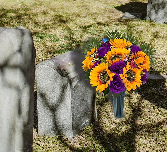 SUHOOKOO Cemetery Flowers with Vase for Grave Decor, Silk Sunflower Rose Headstone Flower,Tombstone Flower - Bright and Colorfast,Purple/Yellow