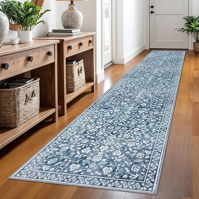 Vintage 2.6x12 Hallway Runner, Blue and White Washable Non-Slip Long Hallway Carpet, Super Soft Kitchen Runner, Print Faux Wool Floral Thin Carpet for Entryway