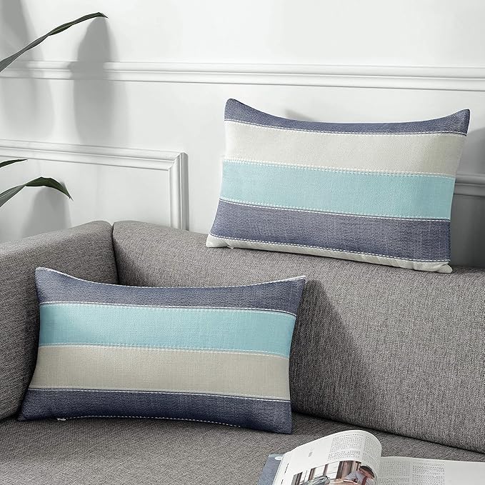 AmHoo Pack of 2 Farmhouse Stripe Check Throw Pillow Covers Set Case Cotton Linen Decorative Pillowcases Cushion Cover for Couch Bench Sofa 12x20Inch Blue Beige