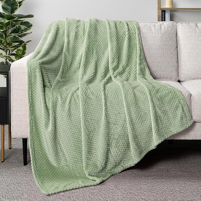 PAVILIA Sage Green Throw Blanket for Couch Bed, Soft Fleece Throws for Sofa Chair, Fuzzy Waffle Textured Blanket, Cozy Warm Lightweight All Season Blanket Throw, 50x60