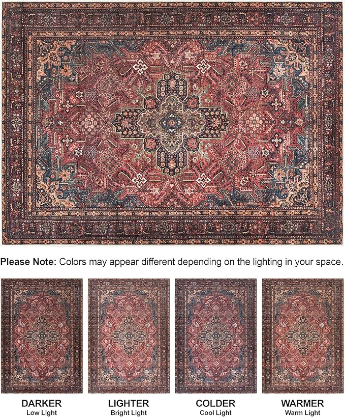Bloom Rugs Washable Non-Slip 12 ft Runner - Red/Teal Blue/Yellow Traditional Medallion Runner for Entryway, Hallway, Bathroom, and Kitchen - Exact Size: 2.5' x 12'